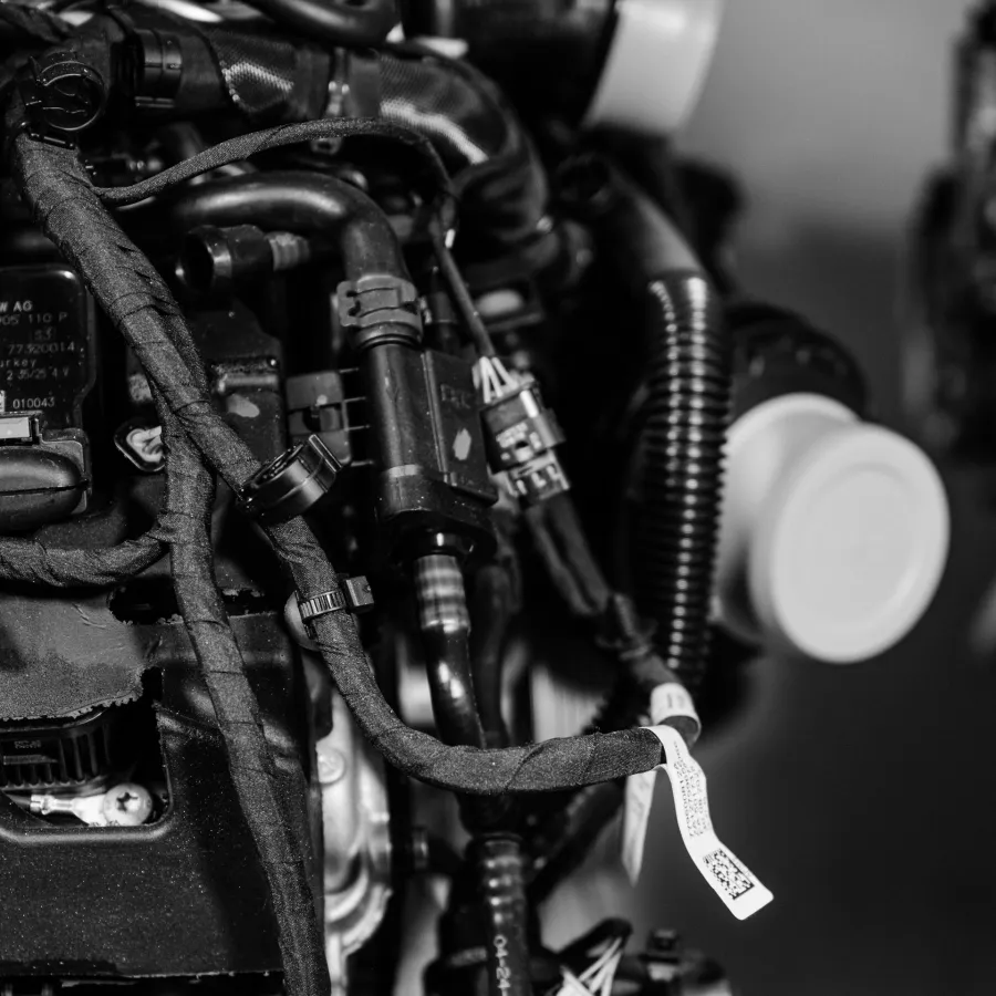 Black wiring harness across a used, rebuilt engine