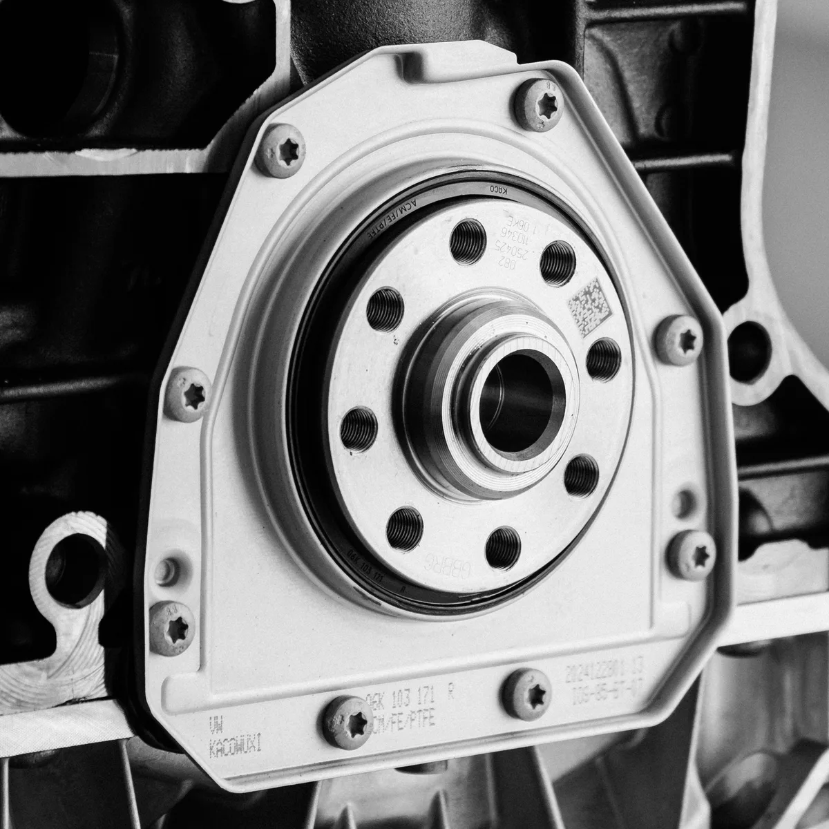Machined rear face of a factory-new engine block
